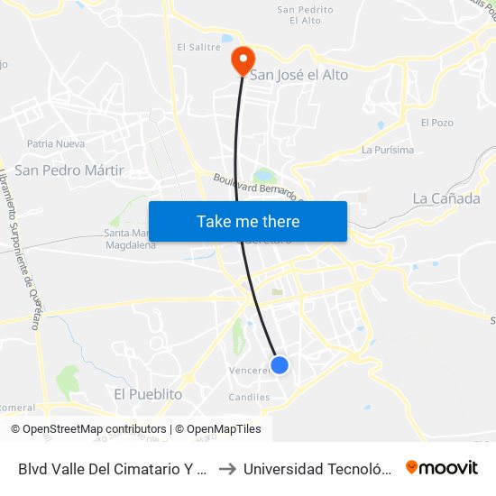 Blvd Valle Del Cimatario Y Jose Maria Truchuelo to Universidad Tecnológica De Querétaro map