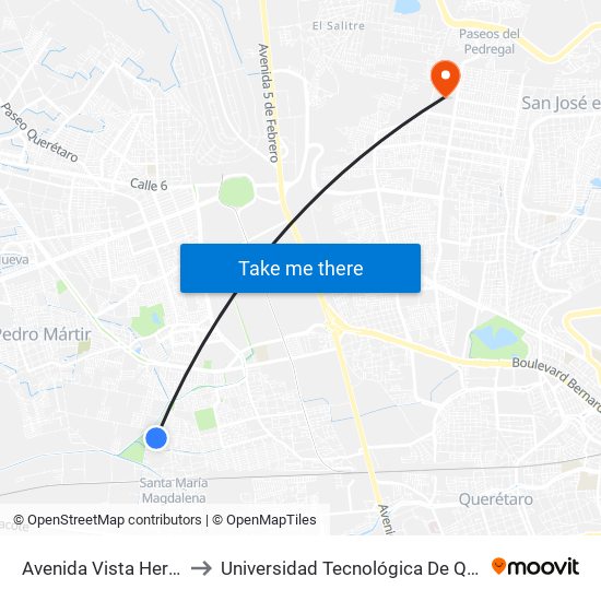 Avenida Vista Hermosa to Universidad Tecnológica De Querétaro map