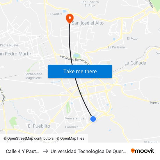 Calle 4 Y Pasteur to Universidad Tecnológica De Querétaro map