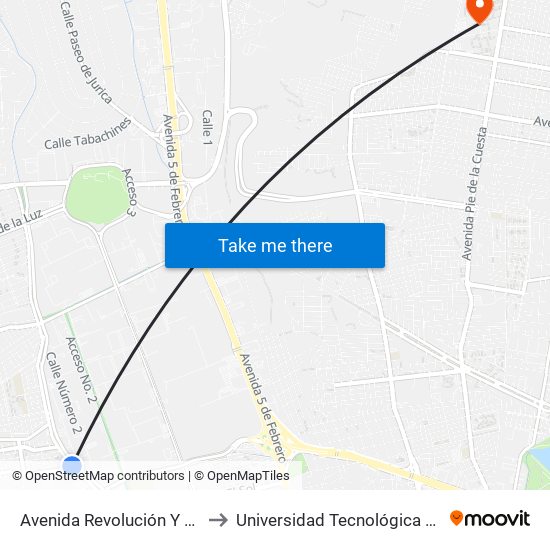 Avenida Revolución Y Calle Geiser to Universidad Tecnológica De Querétaro map