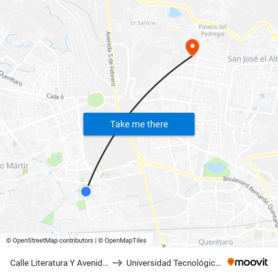 Calle Literatura Y Avenida De La Poesía to Universidad Tecnológica De Querétaro map