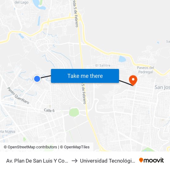 Av. Plan De San Luis Y Condominio Katzura to Universidad Tecnológica De Querétaro map