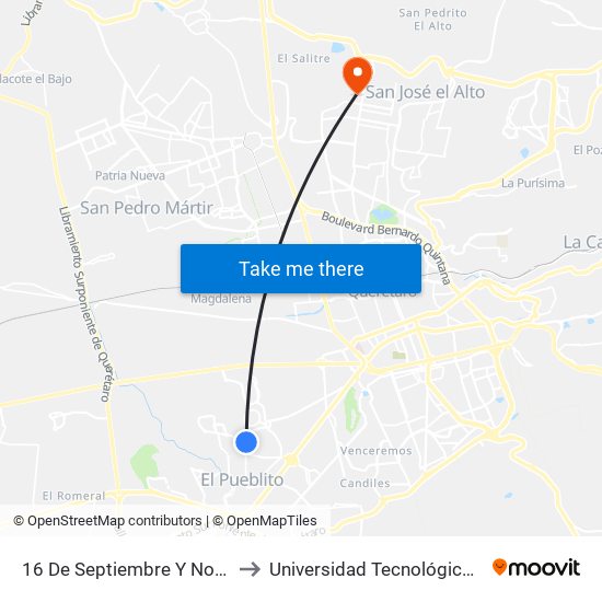 16 De Septiembre Y Norberto Aguirre to Universidad Tecnológica De Querétaro map