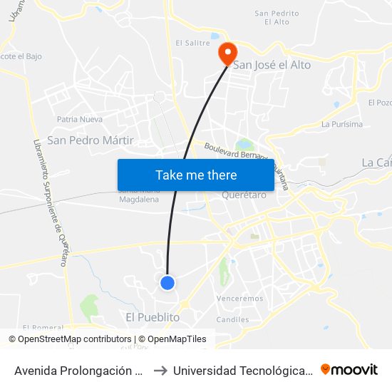 Avenida Prolongación El Jacal, 1080 to Universidad Tecnológica De Querétaro map