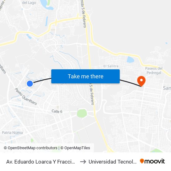 Av. Eduardo Loarca Y Fraccionamientos Eduardo Loarca to Universidad Tecnológica De Querétaro map