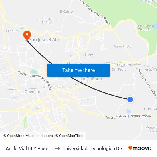 Anillo Vial III Y Paseo Solare to Universidad Tecnológica De Querétaro map