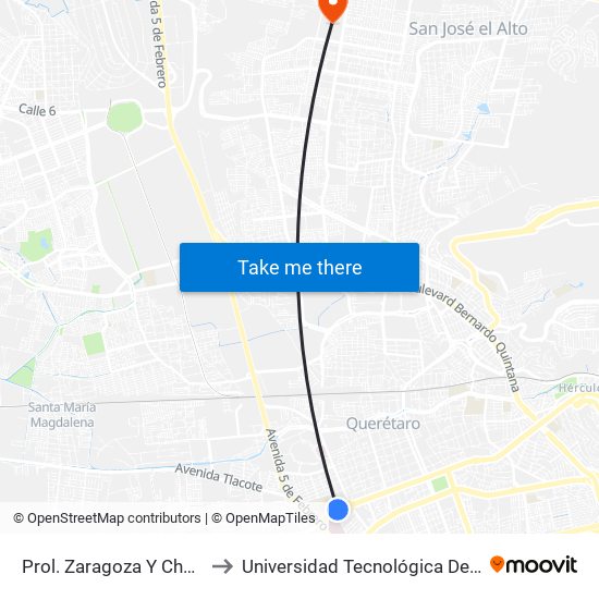 Prol. Zaragoza Y Churubusco to Universidad Tecnológica De Querétaro map