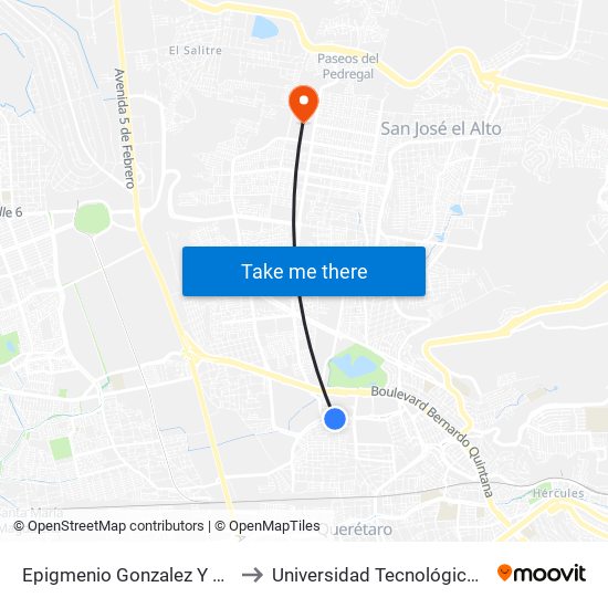 Epigmenio Gonzalez Y Felipe Angeles to Universidad Tecnológica De Querétaro map