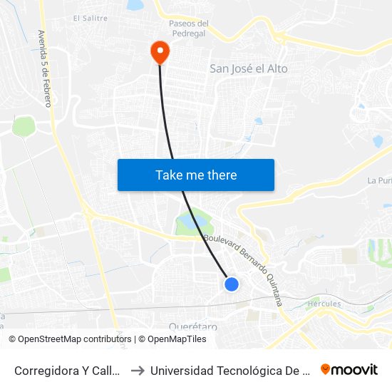 Corregidora Y Calle Marte to Universidad Tecnológica De Querétaro map