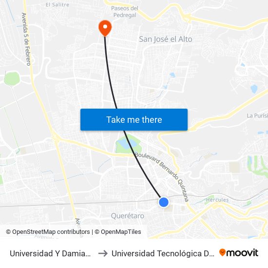 Universidad Y Damian Carmona to Universidad Tecnológica De Querétaro map