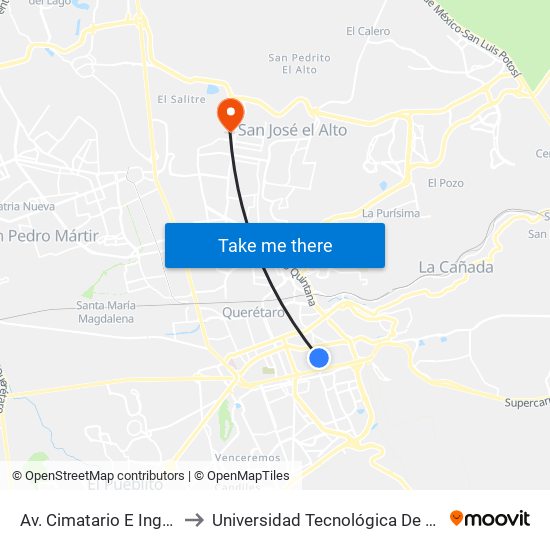 Av. Cimatario E Ingenieros to Universidad Tecnológica De Querétaro map