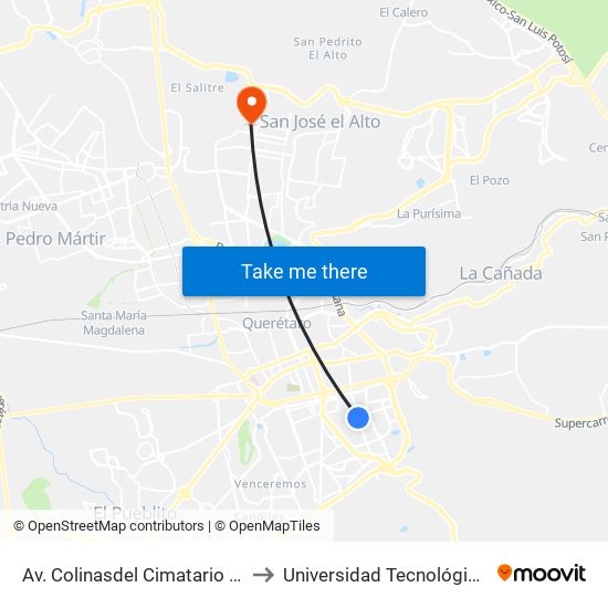 Av. Colinasdel Cimatario Y Cerro Culiacán to Universidad Tecnológica De Querétaro map