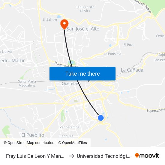 Fray Luis De Leon Y Manuel Gomez Morin to Universidad Tecnológica De Querétaro map