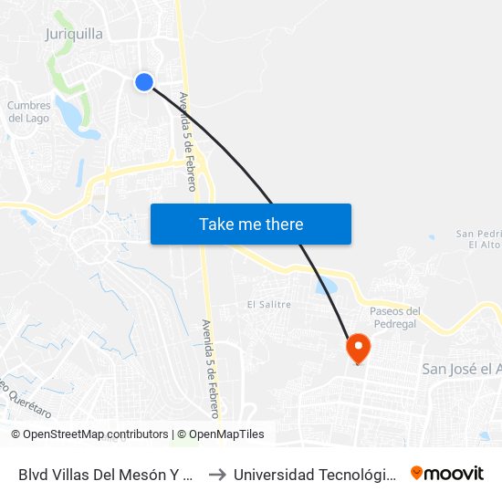 Blvd Villas Del Mesón Y Blvd Universitario to Universidad Tecnológica De Querétaro map