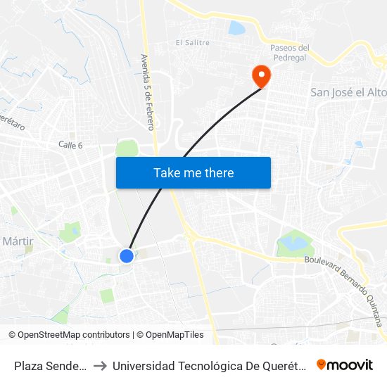 Plaza Sendero to Universidad Tecnológica De Querétaro map