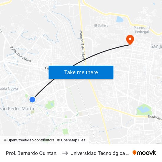 Prol. Bernardo Quintana Y Toltecas to Universidad Tecnológica De Querétaro map