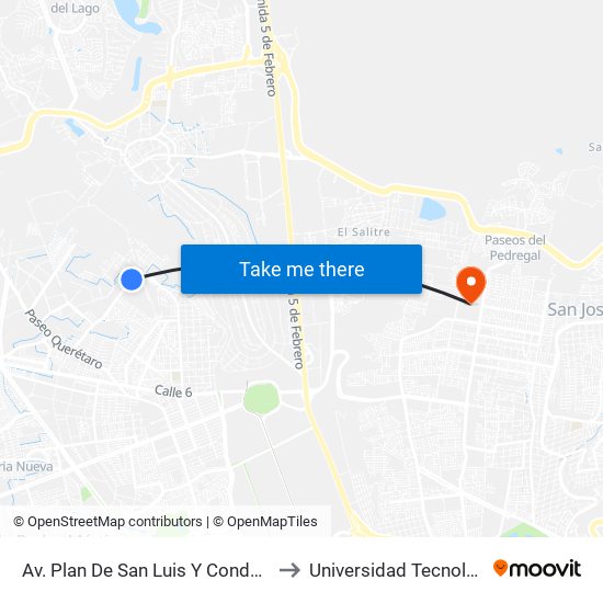 Av. Plan De San Luis Y Condominio Andres Henestrosa to Universidad Tecnológica De Querétaro map