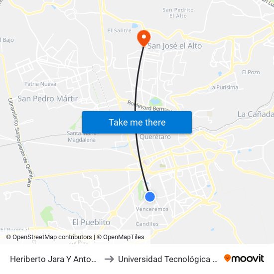 Heriberto Jara Y Antonio Carranza to Universidad Tecnológica De Querétaro map