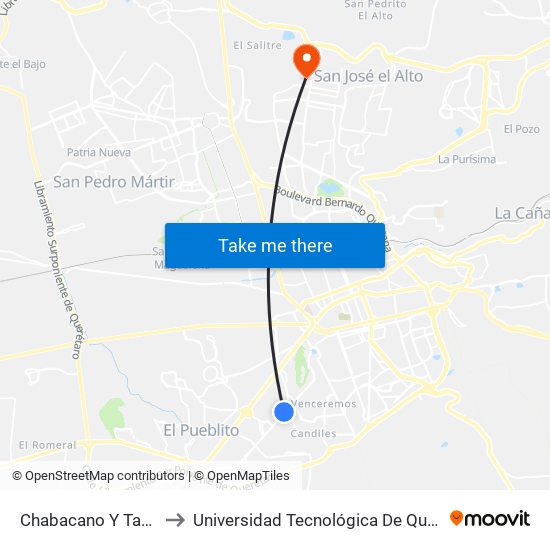 Chabacano Y Tablero to Universidad Tecnológica De Querétaro map