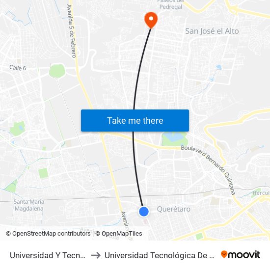 Universidad Y Tecnológico to Universidad Tecnológica De Querétaro map