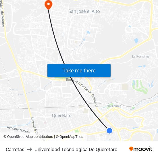 Carretas to Universidad Tecnológica De Querétaro map