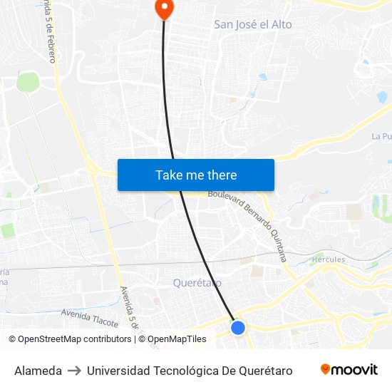 Alameda to Universidad Tecnológica De Querétaro map