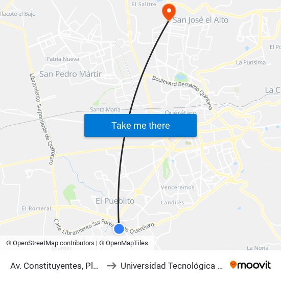 Av. Constituyentes, Plaza Citadina to Universidad Tecnológica De Querétaro map