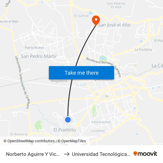Norberto Aguirre Y Vicente Guerrero to Universidad Tecnológica De Querétaro map