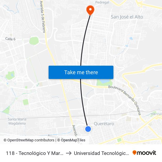 118 - Tecnológico Y Mariano Escobedo to Universidad Tecnológica De Querétaro map