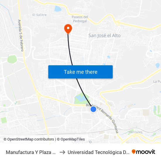 Manufactura Y Plaza Del Parque to Universidad Tecnológica De Querétaro map