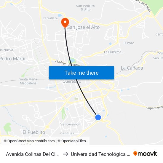 Avenida Colinas Del Cimatario, 404 to Universidad Tecnológica De Querétaro map