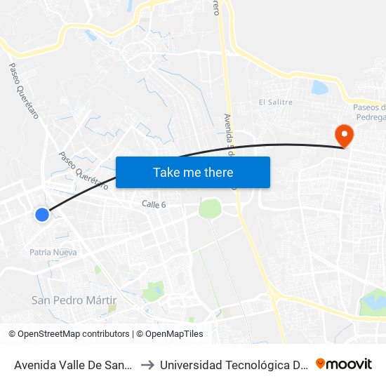 Avenida Valle De Santiago, 201 to Universidad Tecnológica De Querétaro map