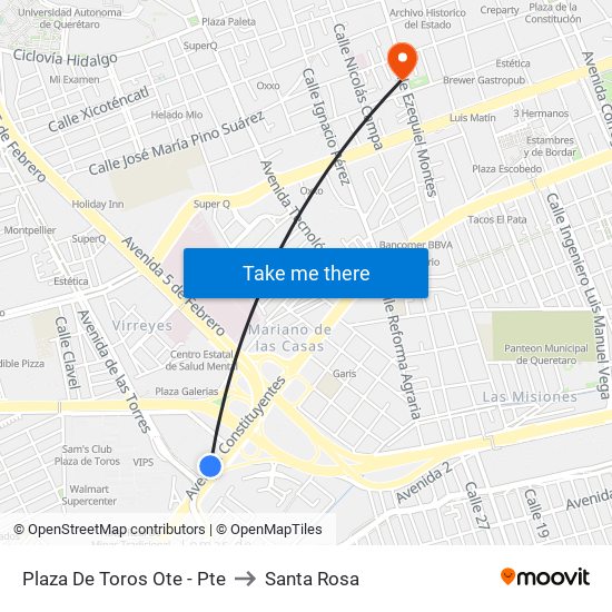 Plaza De Toros Ote - Pte to Santa Rosa map