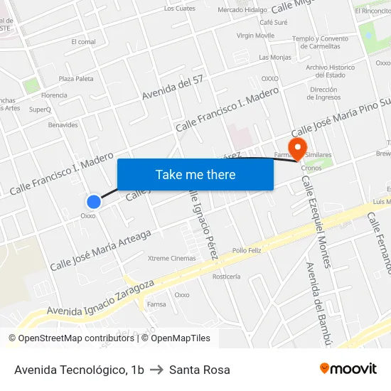 Av. Tecnológico - José María Pino Suarez to Santa Rosa map