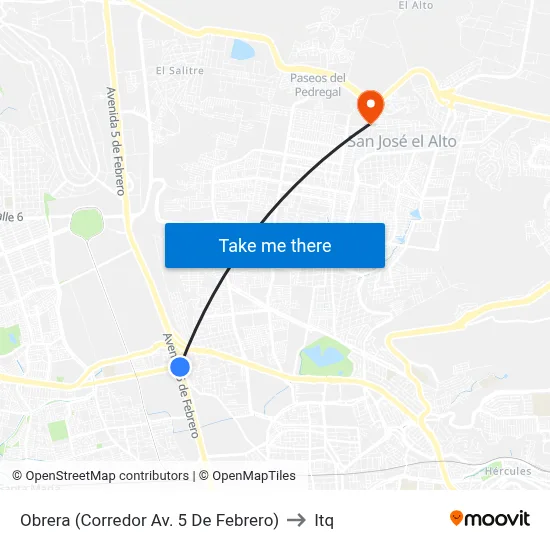 Obrera (Corredor Av. 5 De Febrero) to Itq map