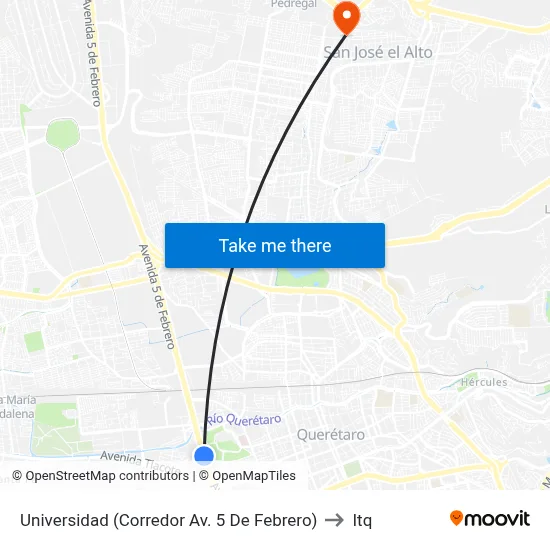 Universidad (Corredor Av. 5 De Febrero) to Itq map