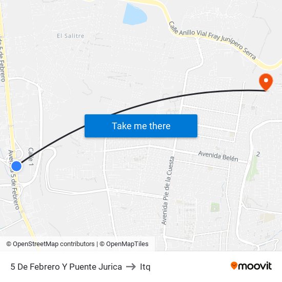 5 De Febrero Y Puente Jurica to Itq map