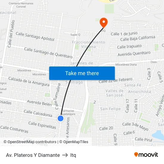 Av. Plateros Y Diamante to Itq map