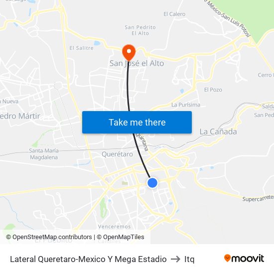 Lateral Queretaro-Mexico Y Mega Estadio to Itq map