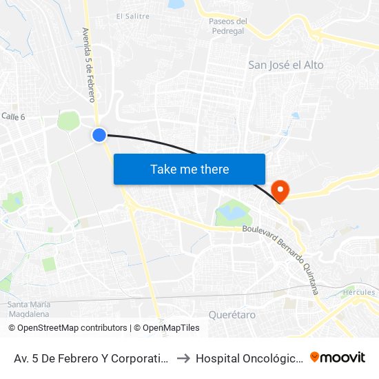 Av. 5 De Febrero Y Corporativo Santander to Hospital Oncológico Teletón map