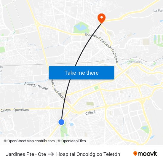 Jardines Pte - Ote to Hospital Oncológico Teletón map