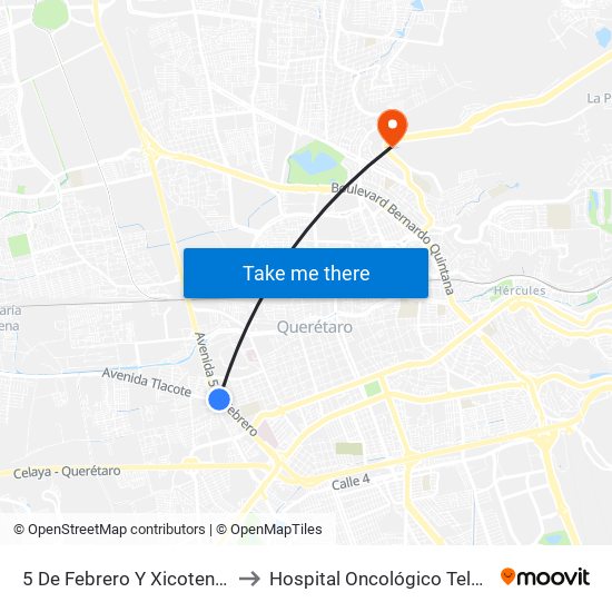 5 De Febrero Y Xicotencatl to Hospital Oncológico Teletón map