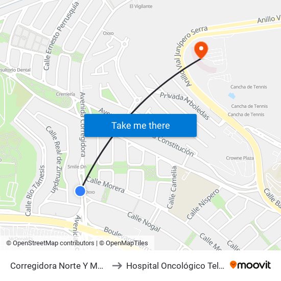 Corregidora Norte Y Morera to Hospital Oncológico Teletón map