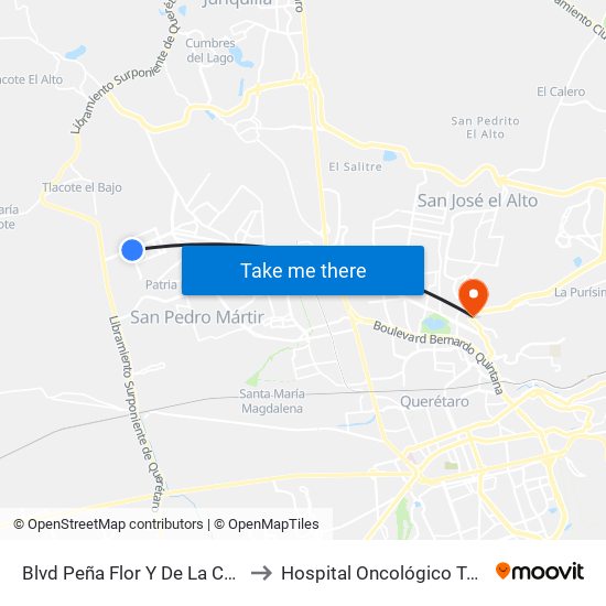 Blvd Peña Flor Y De La Cantera to Hospital Oncológico Teletón map