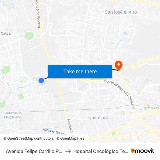 Avenida Felipe Carrillo Puerto to Hospital Oncológico Teletón map