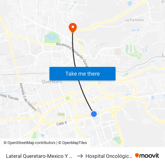 Lateral Queretaro-Mexico Y Mega Estadio to Hospital Oncológico Teletón map