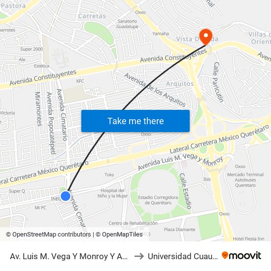Av. Luis M. Vega Y Monroy Y Av. Magisterio to Universidad Cuauhtemoc map
