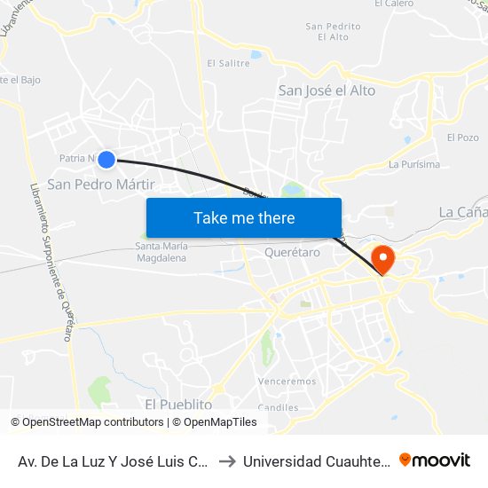 Av. De La Luz Y José Luis Cuevas to Universidad Cuauhtemoc map