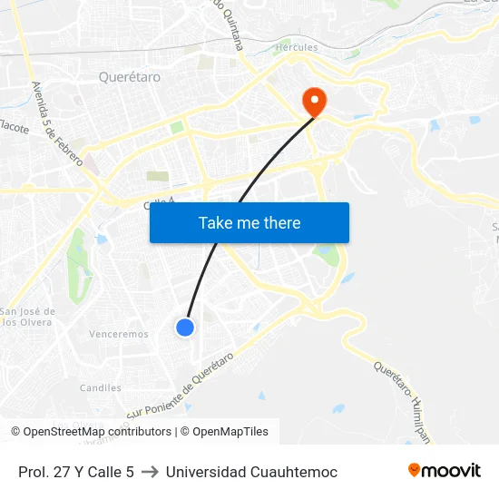 Prol. 27 Y Calle 5 to Universidad Cuauhtemoc map