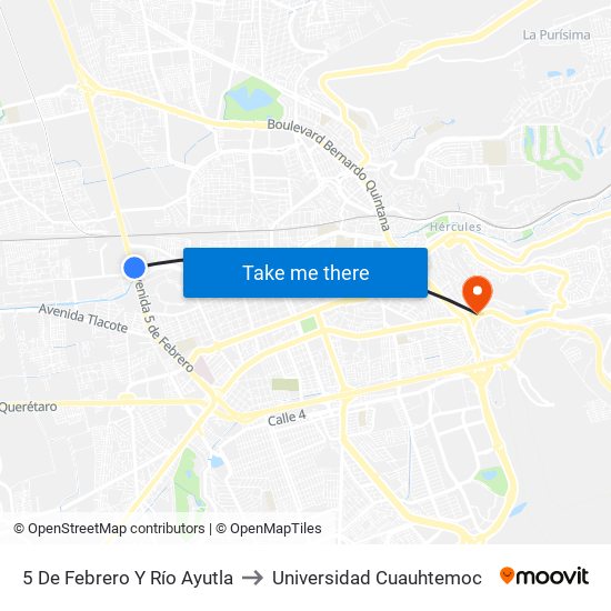 5 De Febrero Y Río Ayutla to Universidad Cuauhtemoc map
